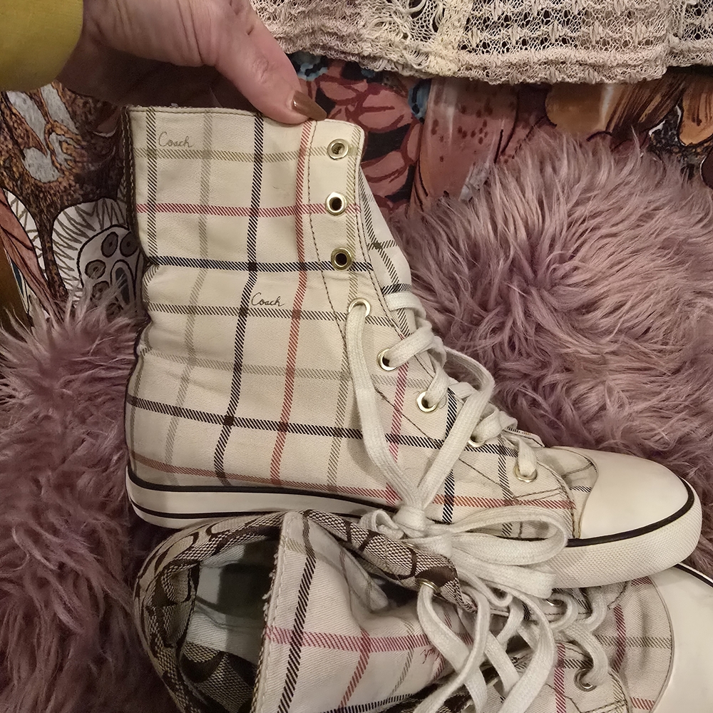 Coach Women's Plaid High-Top Sneakers - Cream and Brown - Picture 2 of 13